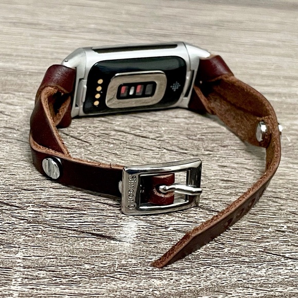 Slim Dark Brown Leather Strap Silver Fitbit Charge 5 Band Women Fashion Bracelet - Picture 3 of 8